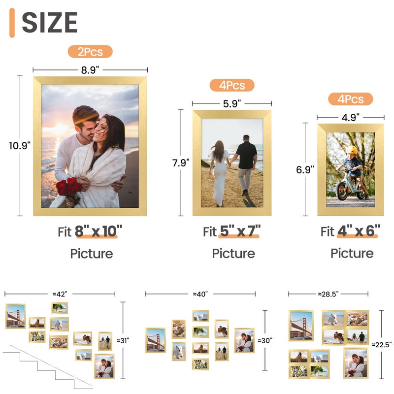 upsimples 10 Pack Picture Frames Collage Wall Decor for Mounting or Tabletop Display, Photo Gallery Frame Set for Family, Multi Sizes Including 8x10, 5x7, 4x6, Gold - Image 2