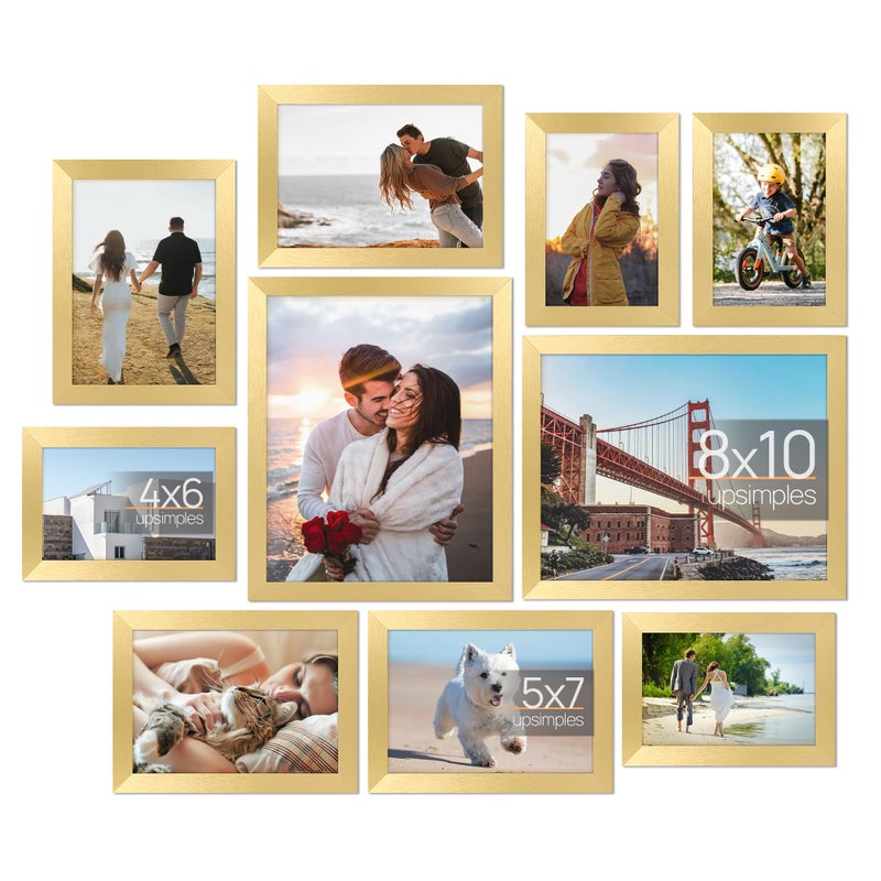 upsimples 10 Pack Picture Frames Collage Wall Decor for Mounting or Tabletop Display, Photo Gallery Frame Set for Family, Multi Sizes Including 8x10, 5x7, 4x6, Gold - Image 1
