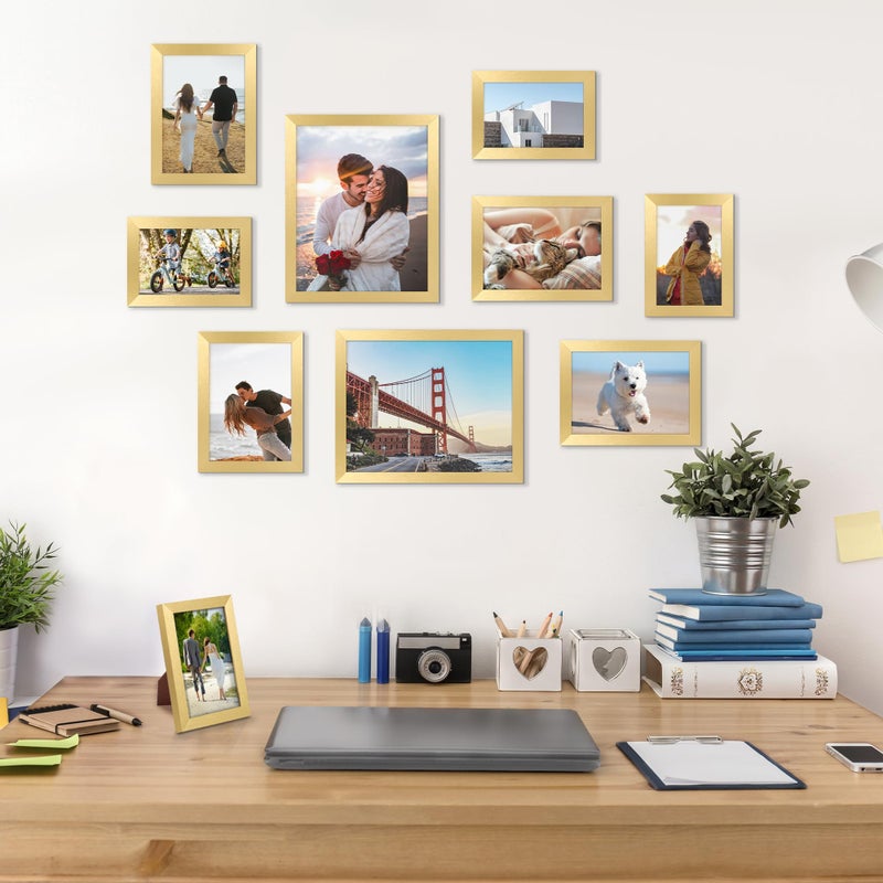 upsimples 10 Pack Picture Frames Collage Wall Decor for Mounting or Tabletop Display, Photo Gallery Frame Set for Family, Multi Sizes Including 8x10, 5x7, 4x6, Gold - Image 3