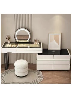 AWD Dressing Table with Mirror and Bench, Women's Vanity Table Lighted Drawers, Off-White Bedroom Vanity Desk Makeup Table with Smart Features Wireless Charging, Speaker, Lights, Jewelry Organizer  - Image 1