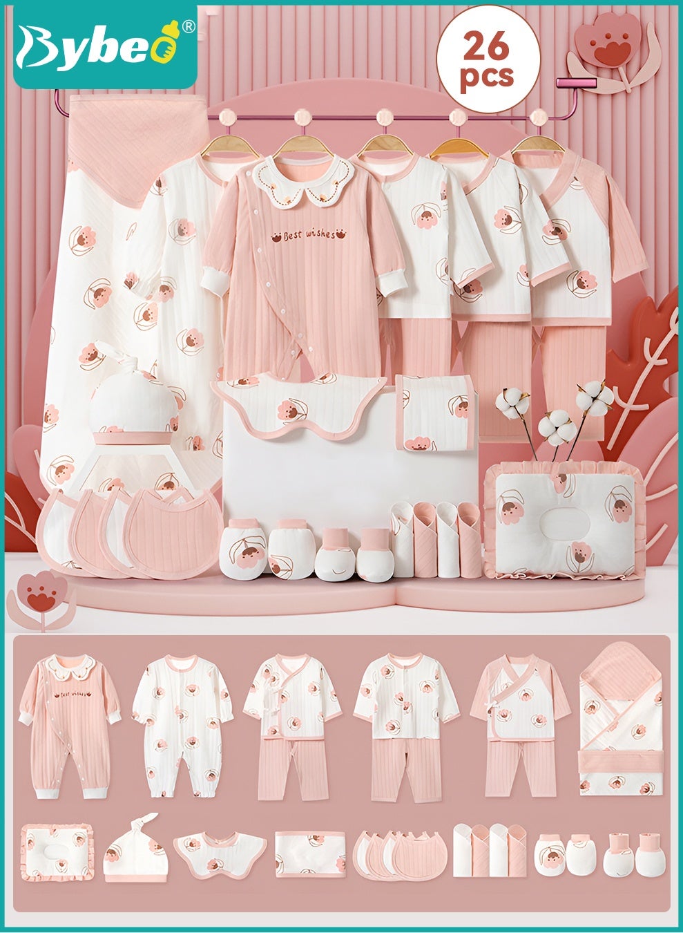 24PCS Newborn Baby Gift Set, Newborn Layette Gift Set for Boys and Girls, Babies Essential Clothes Accessories with Baby Blanket, 100% Premium Cotton, for Spring Summer Autumn Winter Four Seasons