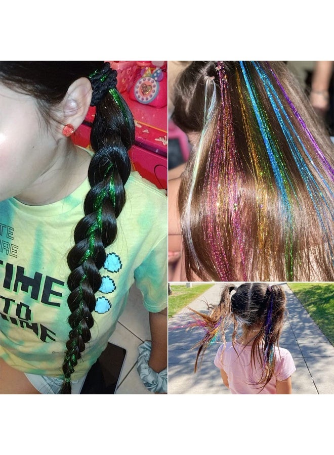Joudi Green Hair Tinsel Extensions,1200 Strands Sparkling Shiny Hair Tinsel Extensions,Glitter Hair Strands Straight Hair Extensions for Women Girls Party Cosplay,93CM - Image 3