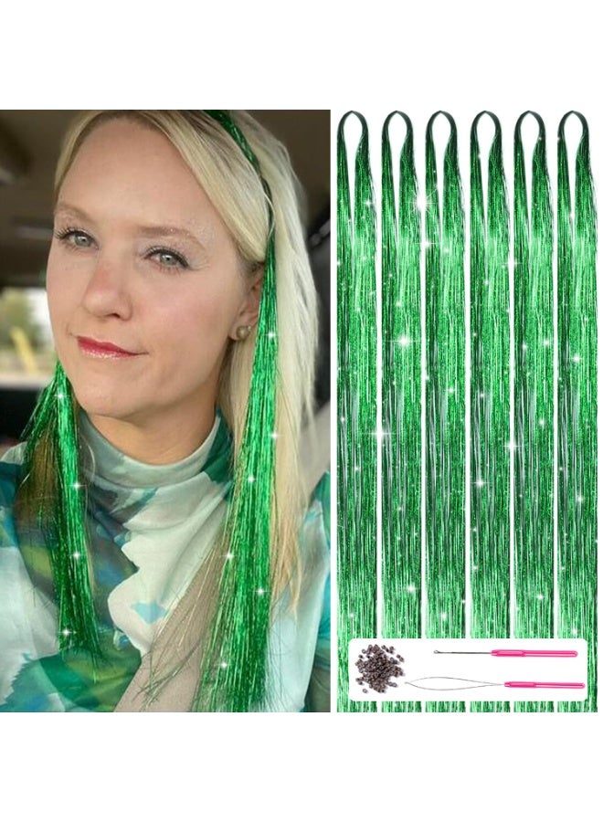 Joudi Green Hair Tinsel Extensions,1200 Strands Sparkling Shiny Hair Tinsel Extensions,Glitter Hair Strands Straight Hair Extensions for Women Girls Party Cosplay,93CM - Image 1