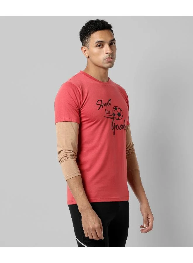 Campus Sutra Men's Red Printed Regular Fit  Casual T-Shirt