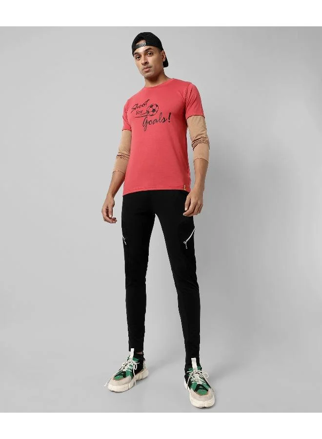 Campus Sutra Men's Red Printed Regular Fit  Casual T-Shirt