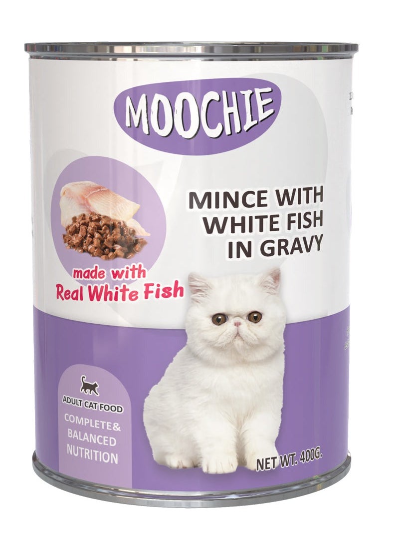 MOOCHIE moochie mince with white fish in gravy cat wet food can 400g pack of 6 