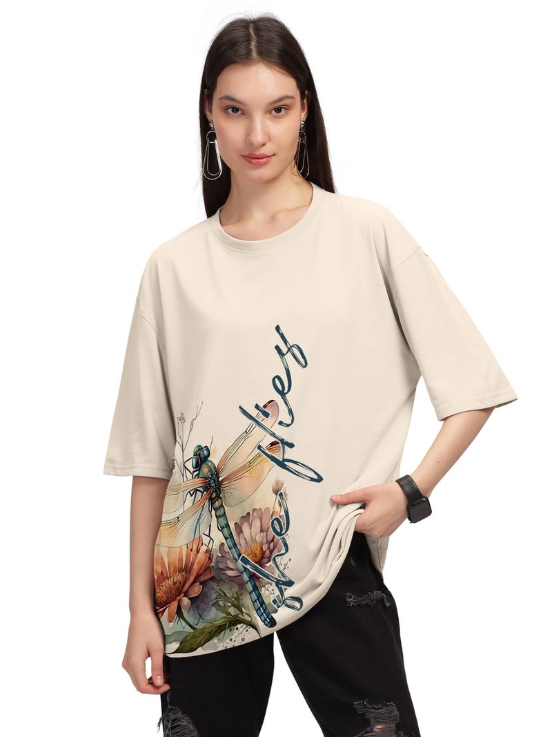 HELLCAT Beige Trendy Printed Oversized T-Shirt for Women/Beige/XX-Large - Image 1