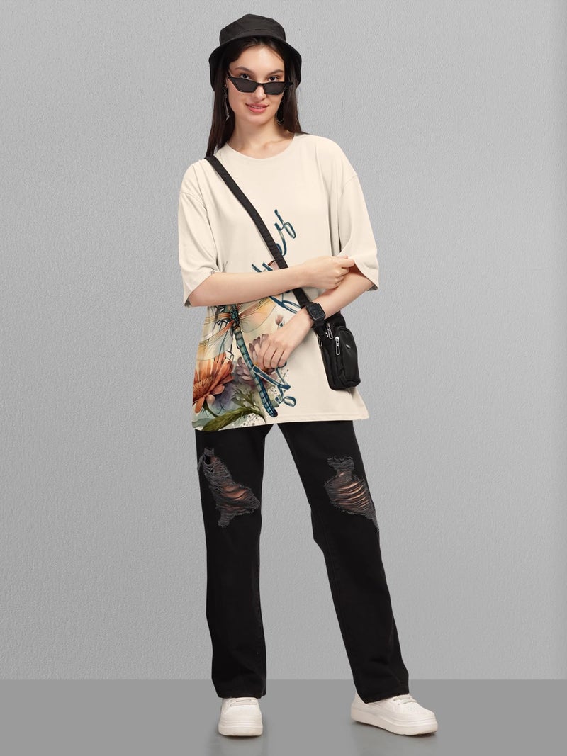 HELLCAT Beige Trendy Printed Oversized T-Shirt for Women/Beige/XX-Large - Image 5
