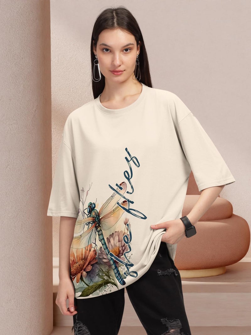 HELLCAT Beige Trendy Printed Oversized T-Shirt for Women/Beige/XX-Large - Image 2