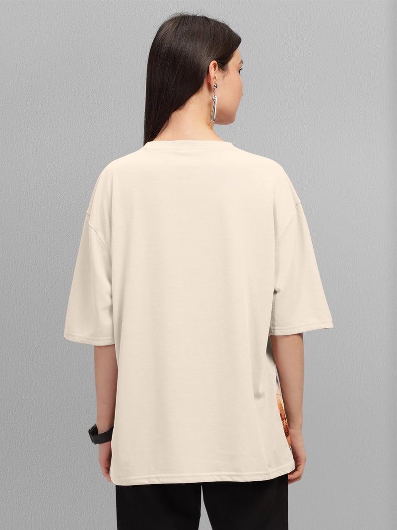 HELLCAT Beige Trendy Printed Oversized T-Shirt for Women/Beige/XX-Large - Image 3