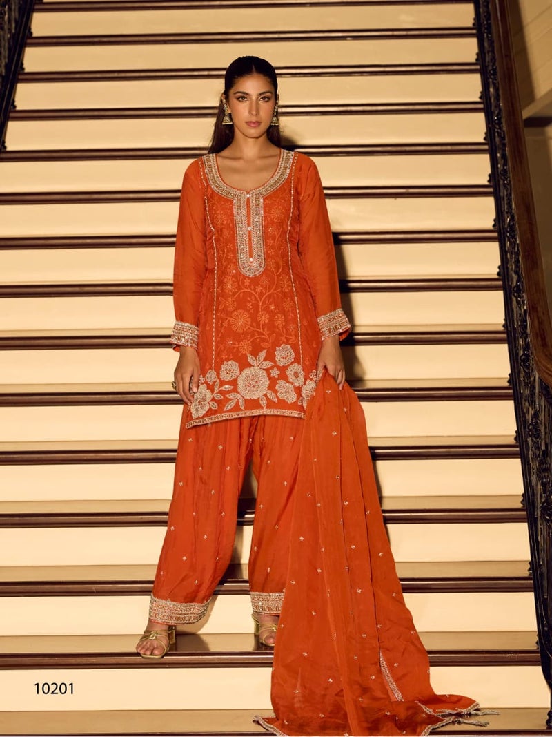 ANAITA Orange Chinon Free Size Stitched Suit with Embroidery & Beats Work - Image 1