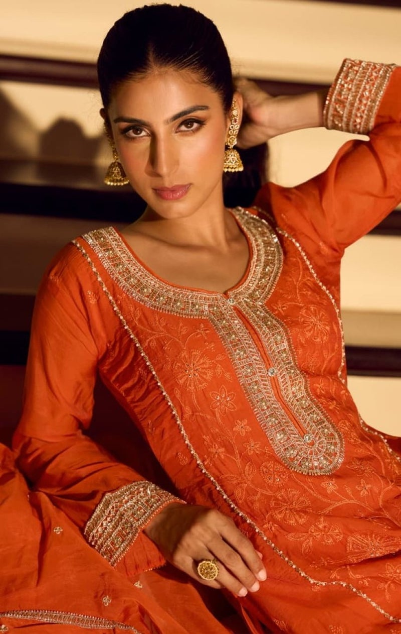 ANAITA Orange Chinon Free Size Stitched Suit with Embroidery & Beats Work - Image 2