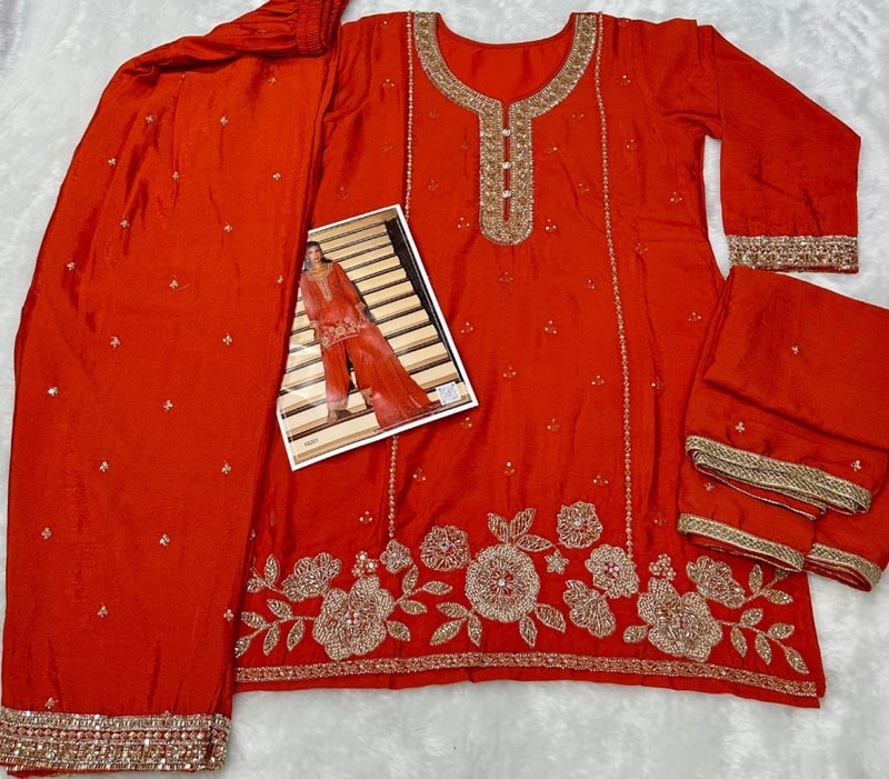 ANAITA Orange Chinon Free Size Stitched Suit with Embroidery & Beats Work - Image 3