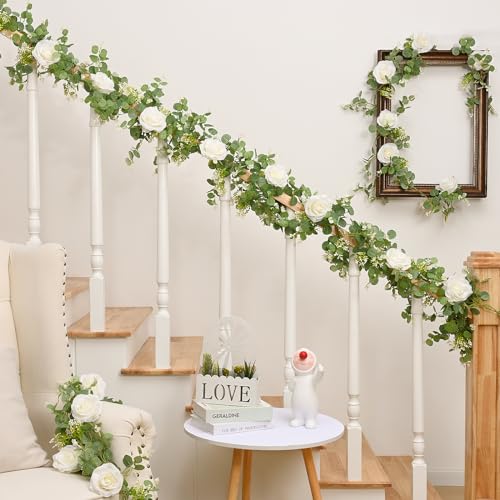 Dolicer 2Pcs 13Ft Artificial Eucalyptus Garlands with Flowers - 8 Roses, Faux Floral Greenery Garlands Fake Flowers Vines for Wedding Table Centerpieces Arch Party Ceremony Backdrop Decor (White) - Image 3