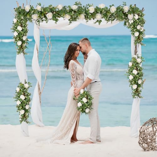 Dolicer 2Pcs 13Ft Artificial Eucalyptus Garlands with Flowers - 8 Roses, Faux Floral Greenery Garlands Fake Flowers Vines for Wedding Table Centerpieces Arch Party Ceremony Backdrop Decor (White) - Image 5