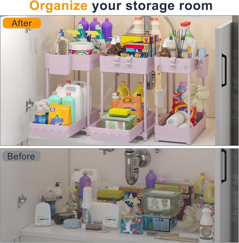 Sevenblue 3 Pack Under Sink Organizers, 2-Tier Multi-Use Kitchen and Bathroom Organizers and Storage with Sliding Drawers，Bathroom Cabinet Organizer (Pink, 14.8 Inch) - Image 3