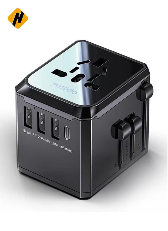 HuHa Yesido MC-10 3 USB + Type-C Ports Multi-function Universal Travel Adapter Plug (Black)  - Image 1