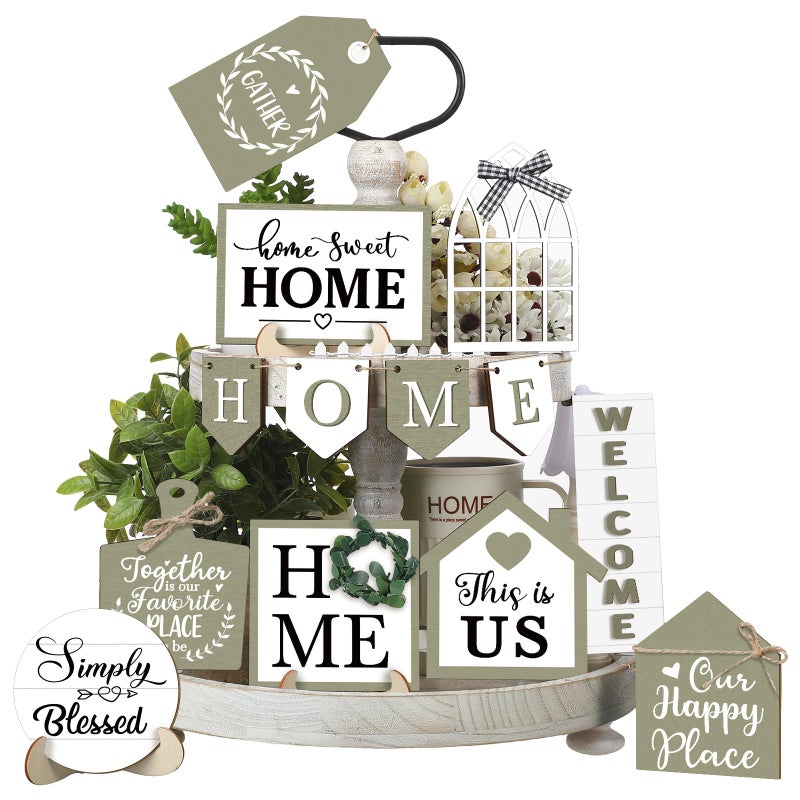 Purpeak 13 Farmhouse Tiered Tray Decor Set Sweet Home Tiered Tray Decorations Home Rustic Wooden Signs Decorative Farmhouse Kitchen Table Decor for Dining Room Country Summer Shelf Centerpiece Gift - Image 1