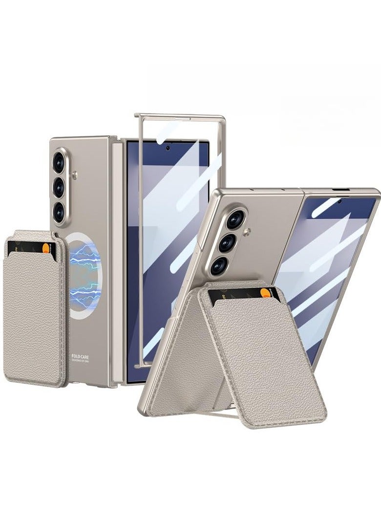 Leather Case Compatible with Samsung Galaxy Z Fold 7 Cover with Magnetic Attraction + High-definition Tempered Film + Card Holder Bracket, Anti Fall Shell Cover Case