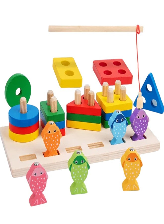 UPBEAT TM Wooden Shape Sorter Stacker Toddlers Puzzles 2-in-1 Toy Montessori Color Sorting Preschool Fishing Game Peg Puzzles Board Blocks - Image 2