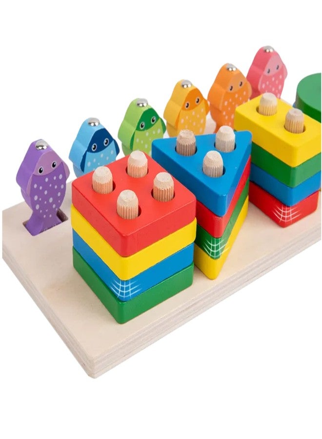 UPBEAT TM Wooden Shape Sorter Stacker Toddlers Puzzles 2-in-1 Toy Montessori Color Sorting Preschool Fishing Game Peg Puzzles Board Blocks - Image 3