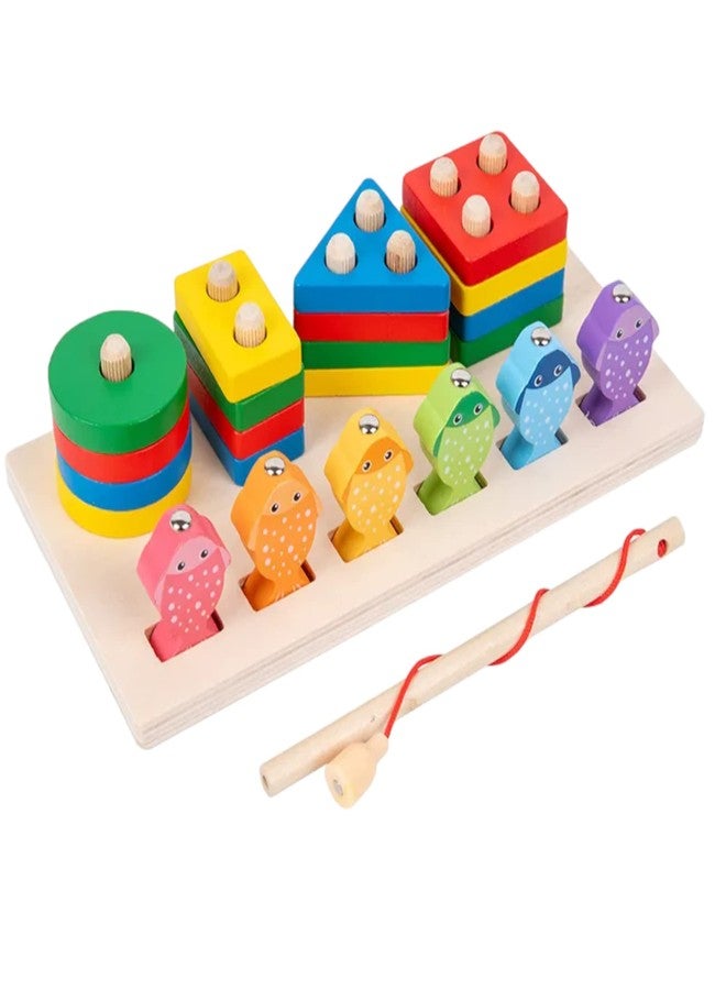 UPBEAT TM Wooden Shape Sorter Stacker Toddlers Puzzles 2-in-1 Toy Montessori Color Sorting Preschool Fishing Game Peg Puzzles Board Blocks - Image 1