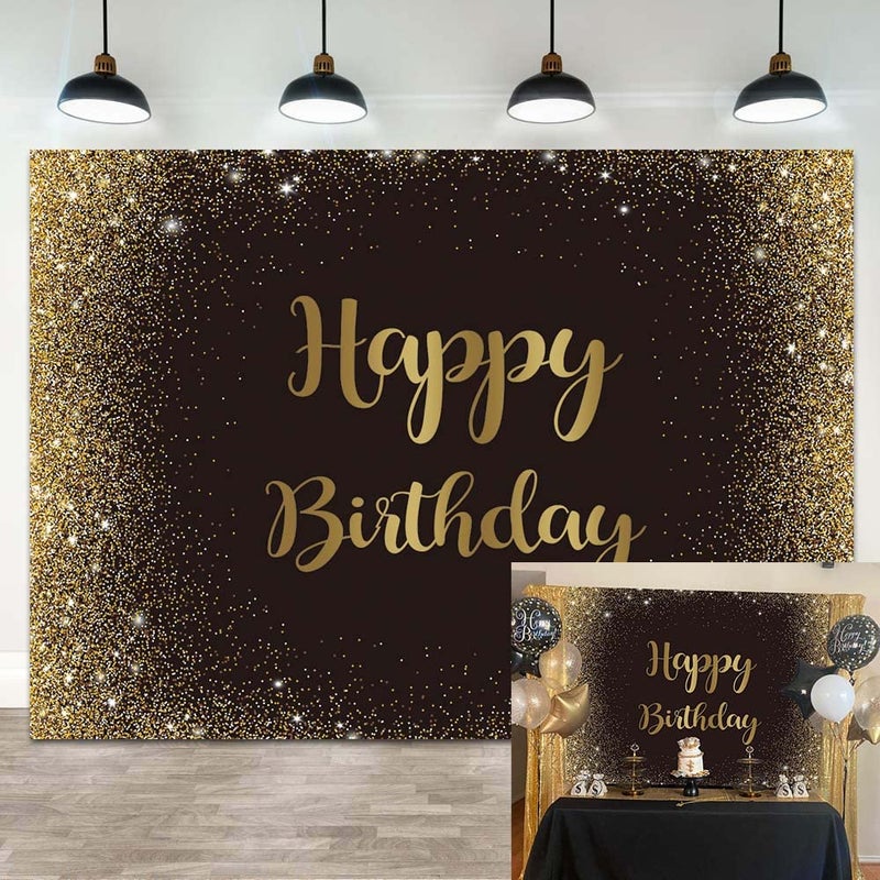 Cenven Black Gold Happy Birthday Backdrop Gold Glitter Spots Photography Background Adults Man Boy Birthday Party Table Wall Decoration Photo Shoot Booth Studio Props 7x5FT - Image 1