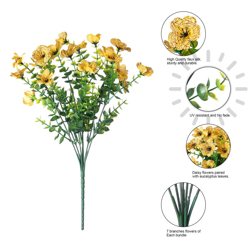 HyeFlora Artificial Fall Flowers Faux Mums for Outdoor Indoor Garden Home Decoration, Faux Flower Daisy with Eucalyptus Leaves Fake Plants Greenery Boxwood Porch Patio, 12 Bundles (Yellow) - Image 4