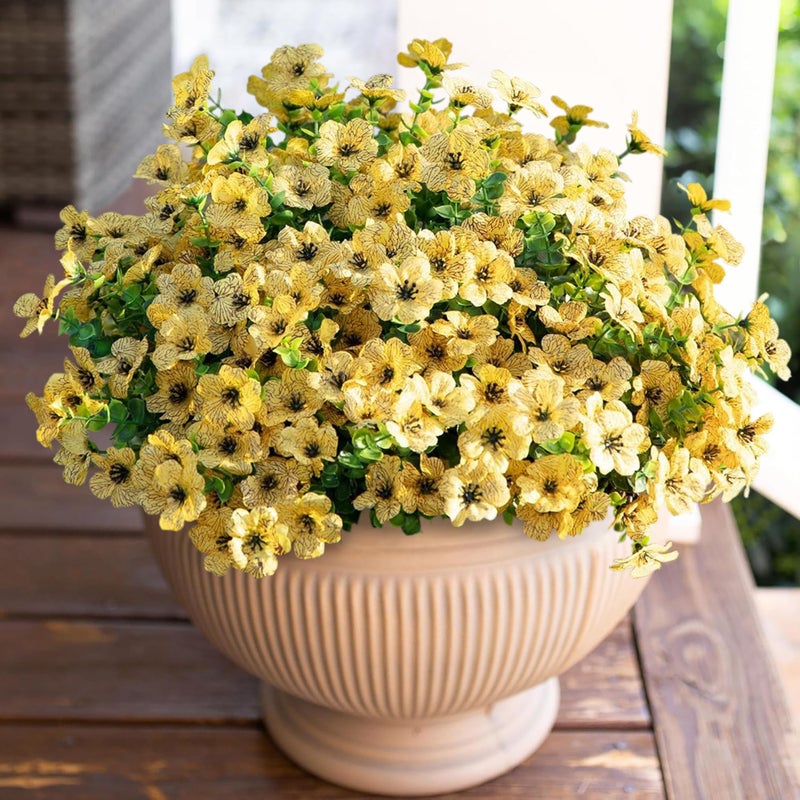 HyeFlora Artificial Fall Flowers Faux Mums for Outdoor Indoor Garden Home Decoration, Faux Flower Daisy with Eucalyptus Leaves Fake Plants Greenery Boxwood Porch Patio, 12 Bundles (Yellow) - Image 1