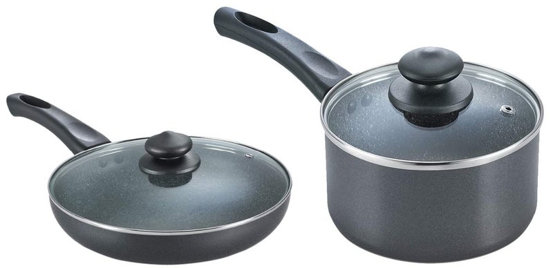 Omega Deluxe Aluminium Granite Fry Pan with Lid, 260mm, Black + Omega Deluxe Granite Milk Pan with Lid, 160mm