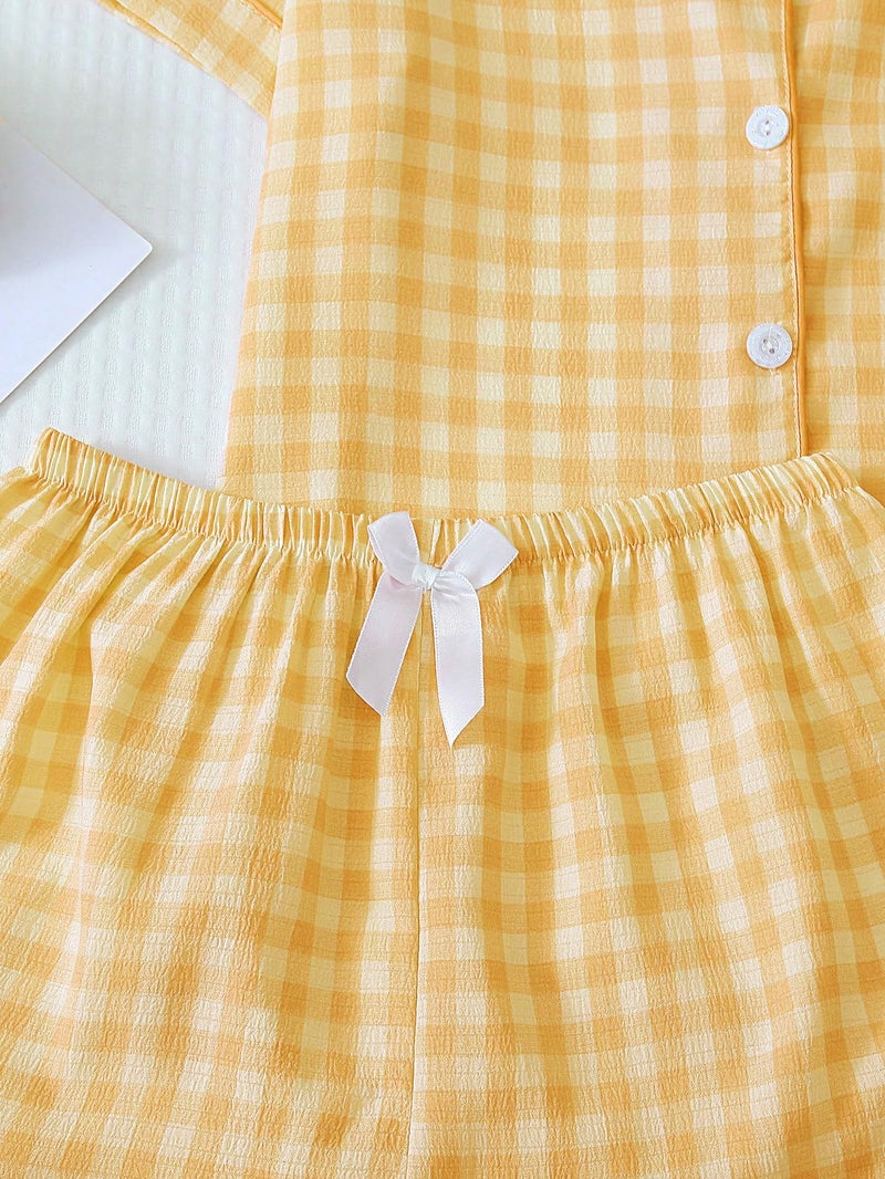 Verdusa Women's Plaid 2 Piece Cute Pajama Sets Short Sleeve Button Down Shirts with Shorts Loungewear Yellow Small - Image 4