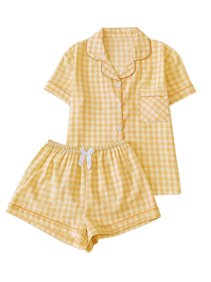 Verdusa Women's Plaid 2 Piece Cute Pajama Sets Short Sleeve Button Down Shirts with Shorts Loungewear Yellow Small - Image 1