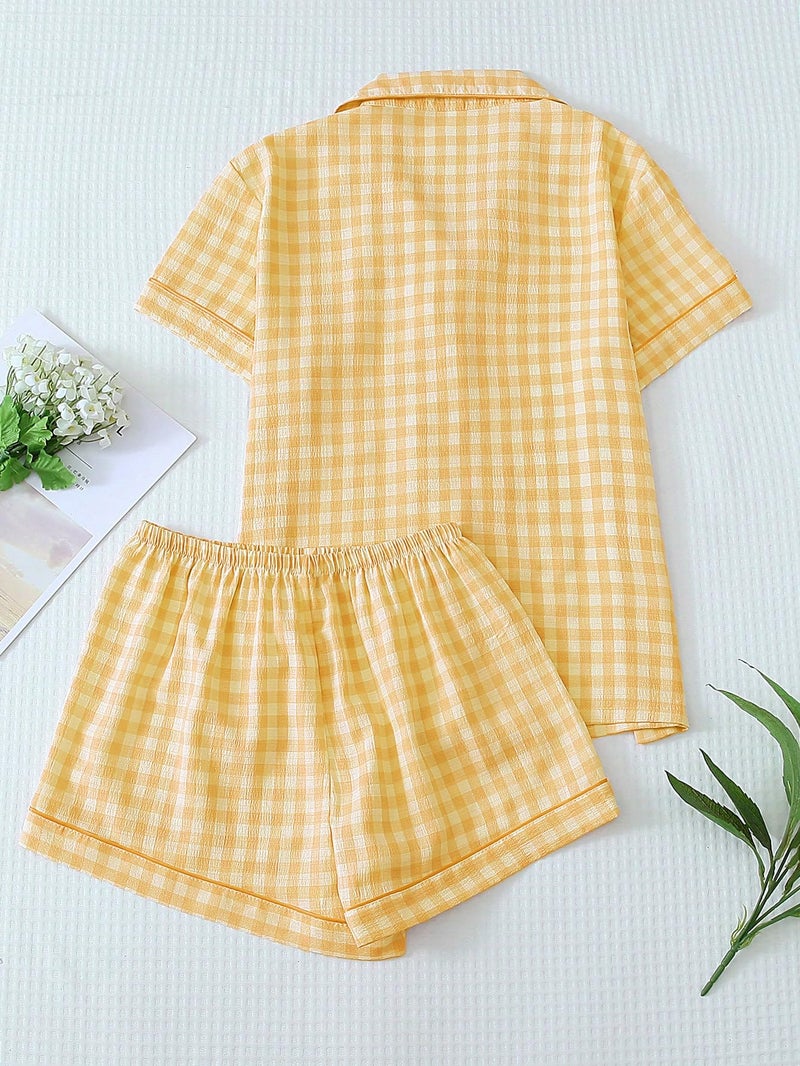 Verdusa Women's Plaid 2 Piece Cute Pajama Sets Short Sleeve Button Down Shirts with Shorts Loungewear Yellow Small - Image 3