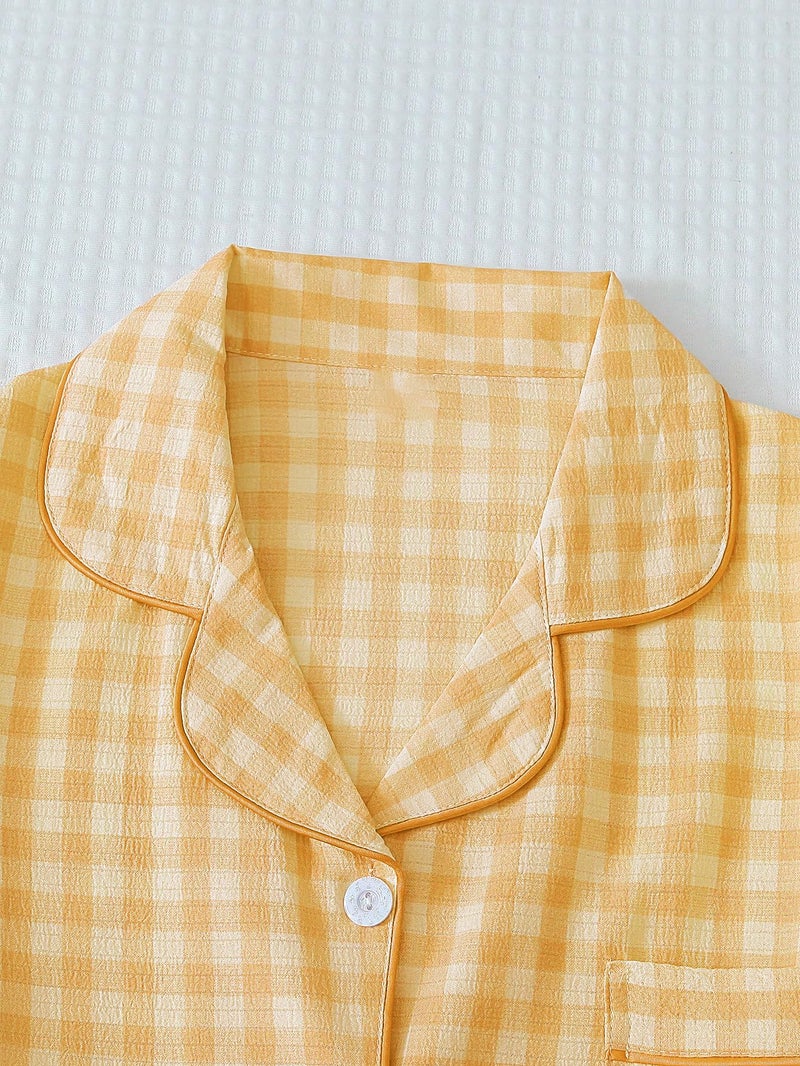 Verdusa Women's Plaid 2 Piece Cute Pajama Sets Short Sleeve Button Down Shirts with Shorts Loungewear Yellow Small - Image 2