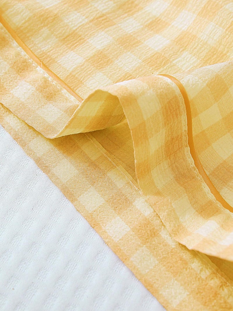 Verdusa Women's Plaid 2 Piece Cute Pajama Sets Short Sleeve Button Down Shirts with Shorts Loungewear Yellow Small - Image 5