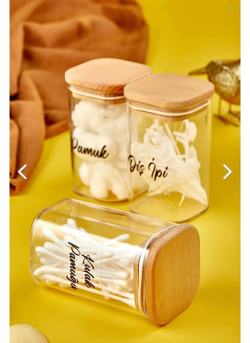 Fbz Home 3-Piece 250 ml Mica Cotton Buds with Wooden Cover & Dental Floss & Cotton Organizer  - Image 2