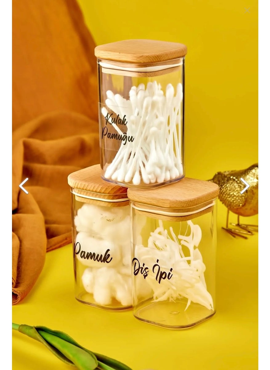 Fbz Home 3-Piece 250 ml Mica Cotton Buds with Wooden Cover & Dental Floss & Cotton Organizer  - Image 1
