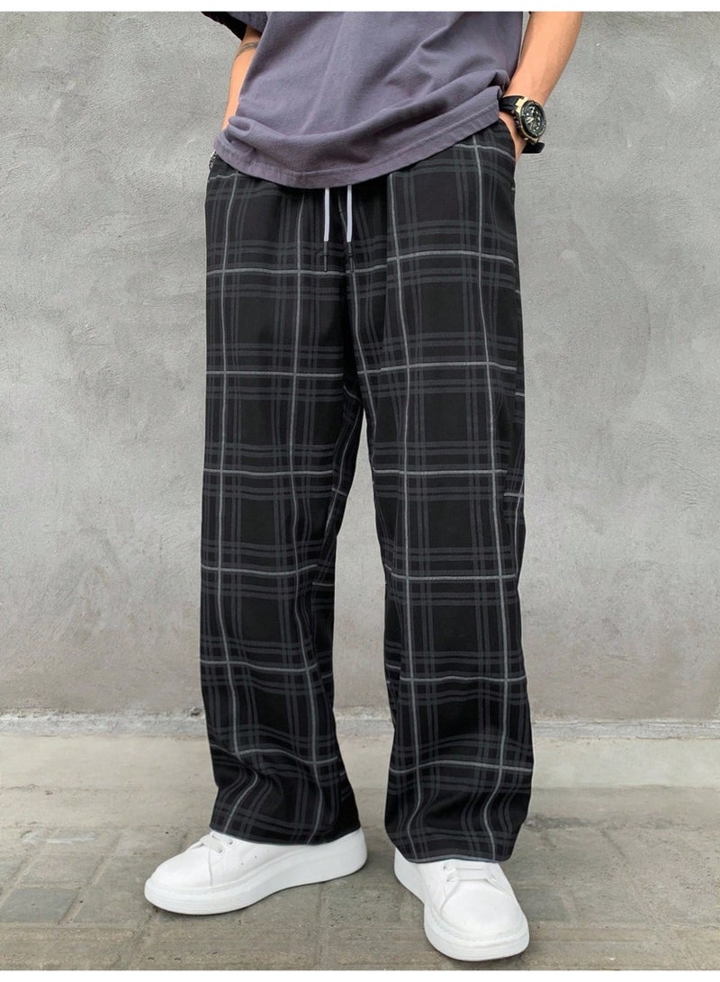 Men's Y2K Streetwear Plaid Pants Black Elastic Waist Drawstring Loose Fit Baggy Wide Leg Casual Trousers - Image 1