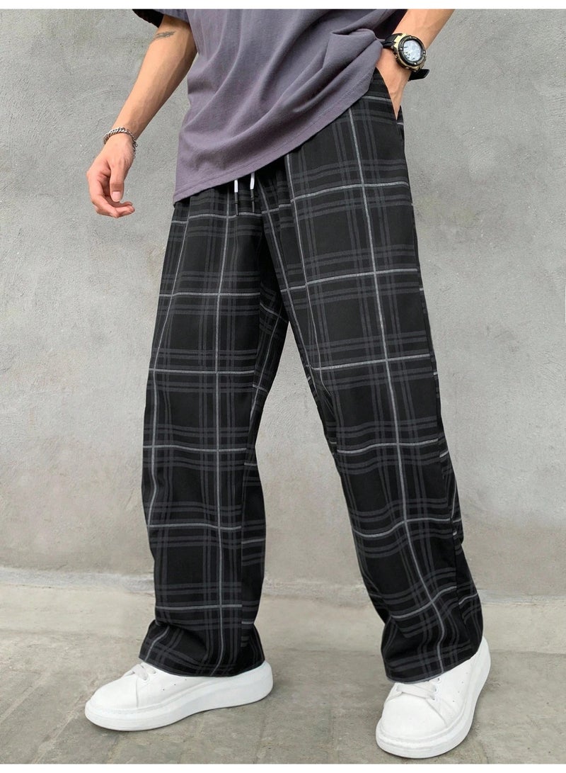 Men's Y2K Streetwear Plaid Pants Black Elastic Waist Drawstring Loose Fit Baggy Wide Leg Casual Trousers - Image 3
