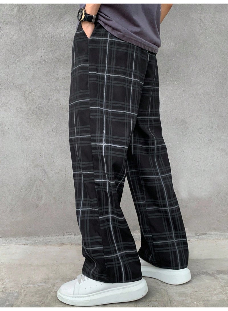 Men's Y2K Streetwear Plaid Pants Black Elastic Waist Drawstring Loose Fit Baggy Wide Leg Casual Trousers - Image 2