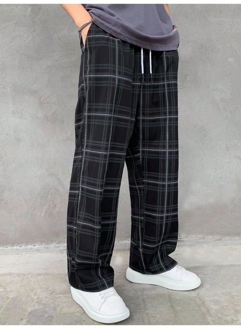 Men's Y2K Streetwear Plaid Pants Black Elastic Waist Drawstring Loose Fit Baggy Wide Leg Casual Trousers - Image 5