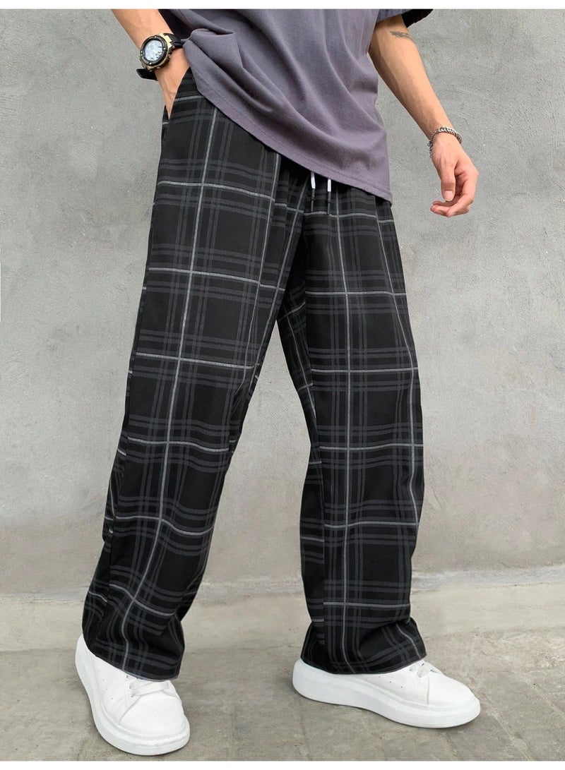 Men's Y2K Streetwear Plaid Pants Black Elastic Waist Drawstring Loose Fit Baggy Wide Leg Casual Trousers - Image 4