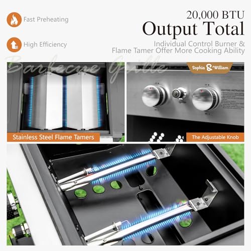 Sophia & William 2-Burner Gas BBQ Grill With Flat Top, Small Outdoor Propane Barbecue Grill with Side Shelves,Lid and Hose & Regulator for Camping, 20,000 BTU,Black - Image 3