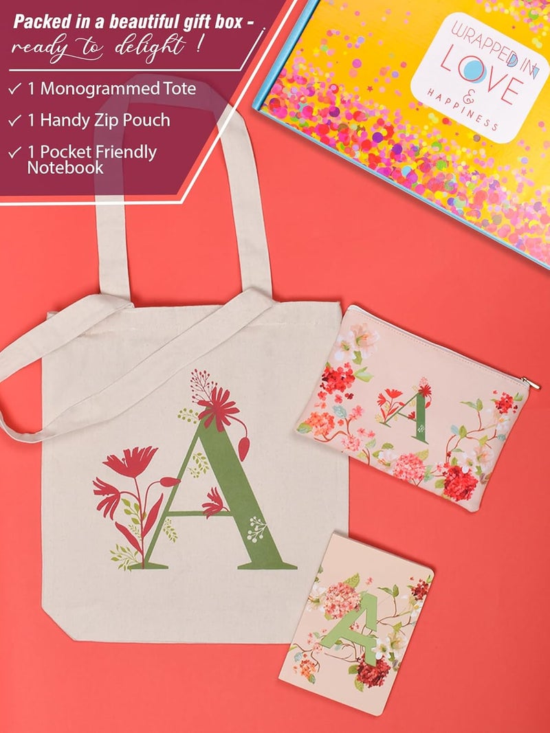 Doodle Monogram A Diary Gift Set with Tote Bag and Pouch | B6 Soft Bound Ruled Notebook | Stationery Gift Set for Women - Image 2