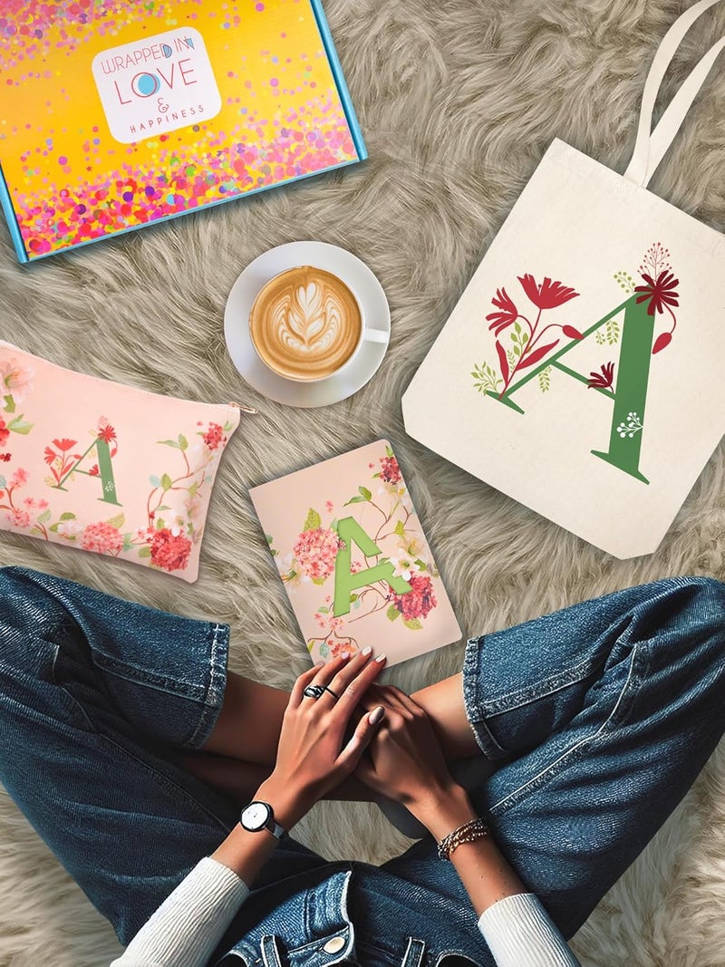 Doodle Monogram A Diary Gift Set with Tote Bag and Pouch | B6 Soft Bound Ruled Notebook | Stationery Gift Set for Women - Image 3