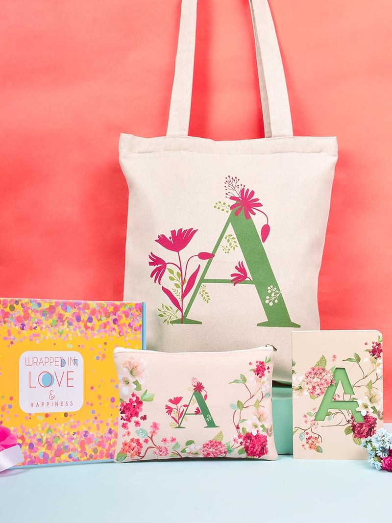 Doodle Monogram A Diary Gift Set with Tote Bag and Pouch | B6 Soft Bound Ruled Notebook | Stationery Gift Set for Women - Image 1