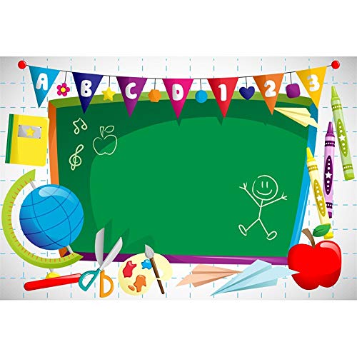 Leyiyi 8x6ft Vinyl Photography Background Welcome to Kindergarten Backdrop ABC Letters Blackboard Watercolor Pen Paper Airplane Globe Back to School Themed Party Backdrops Banner - Image 1