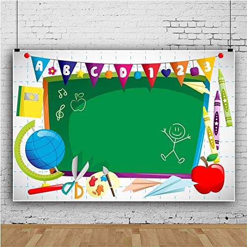 Leyiyi 8x6ft Vinyl Photography Background Welcome to Kindergarten Backdrop ABC Letters Blackboard Watercolor Pen Paper Airplane Globe Back to School Themed Party Backdrops Banner - Image 4