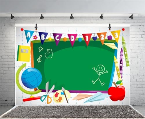 Leyiyi 8x6ft Vinyl Photography Background Welcome to Kindergarten Backdrop ABC Letters Blackboard Watercolor Pen Paper Airplane Globe Back to School Themed Party Backdrops Banner - Image 2