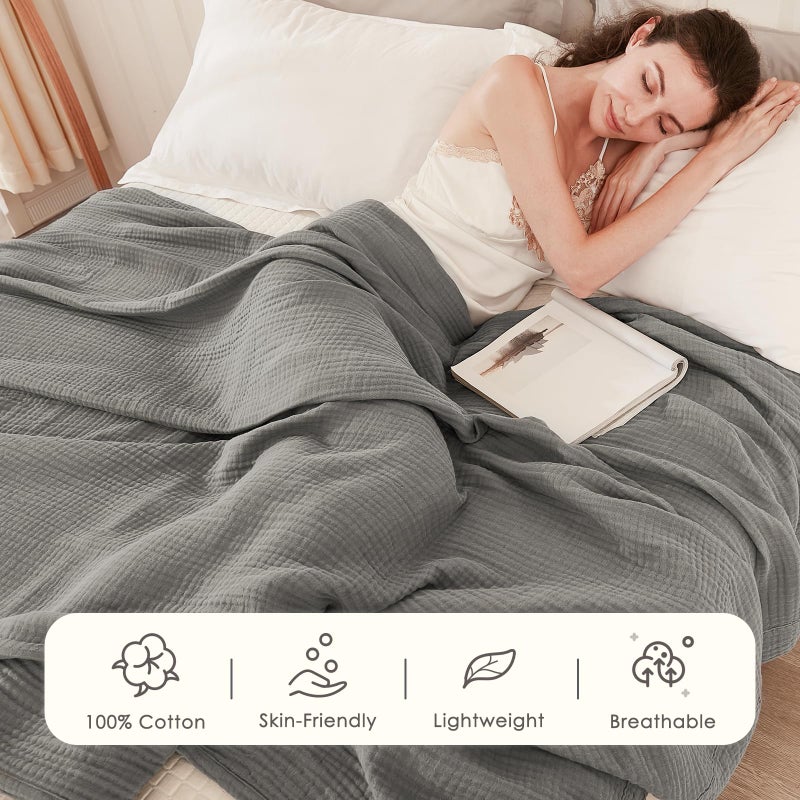 EMME Cotton Muslin King Blanket Big Oversized Bed Layering Bedspread Coverlet Breathable Gauze Soft Lightweight Blankets (Grey, 120"x94") - Image 3